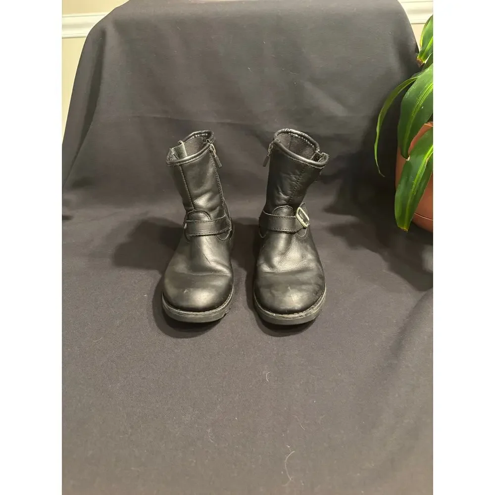 Girl’s Kids Youth UGG Kinzey Black Leather Moto Zip Buckle Boots, size 3 EUC